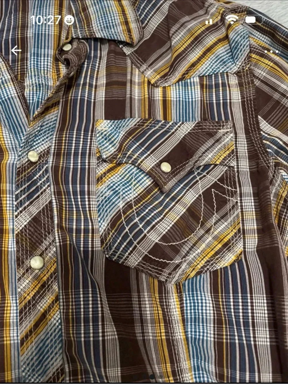 Original True Religion Men's Brown Plaid Button-Up Shirt with Yellow & Blue Stri